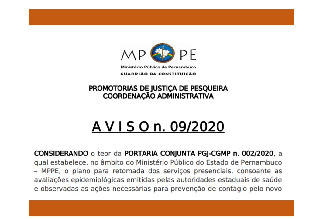 Promotoria de Pesqueira informa a retomada parcial das atividades presenciais