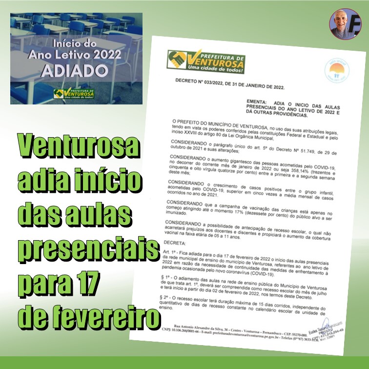 ANO LETIVO | Secretaria de Educação de Venturosa decide adiar o início do ano letivo de 2022 da rede municipal de ensino para o dia 17 de fevereiro