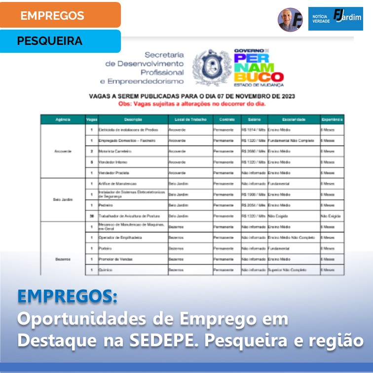 EMPREGOS | Oportunidades de Emprego em Destaque na SEDEPE. Pesqueira e região