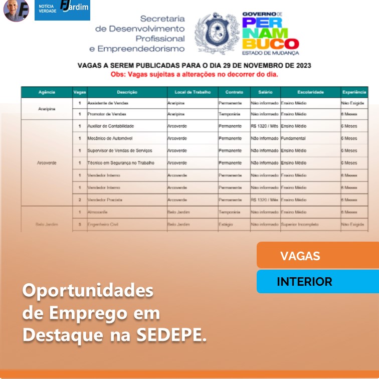 EMPREGOS | EM VÁRIAS CIDADES DE PERNAMBUCO. Oportunidades de Emprego em Destaque na SEDEPE. Pesqueira e região