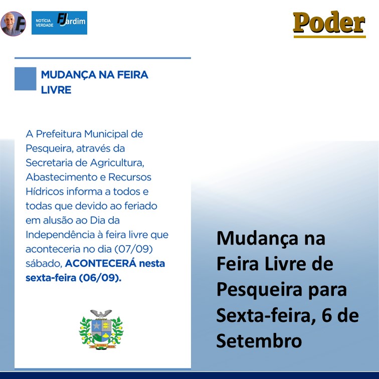 Mudança na Feira Livre de Pesqueira para Sexta-feira, 6 de Setembro