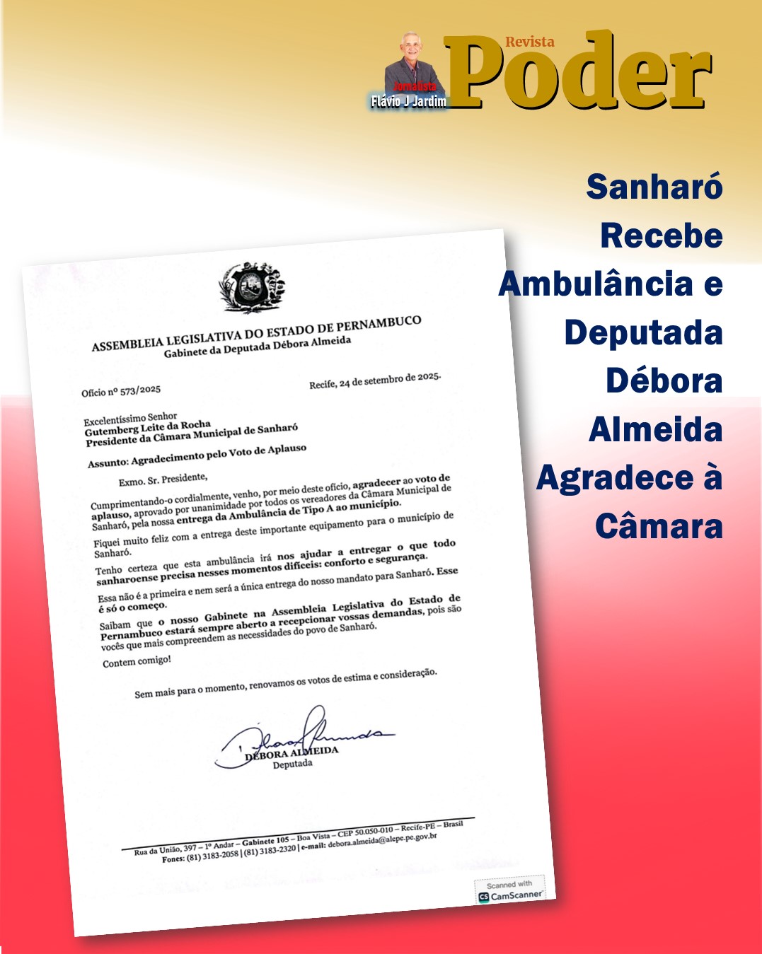 Sanharó Recebe Ambulância e Deputada Débora Almeida Agradece à Câmara