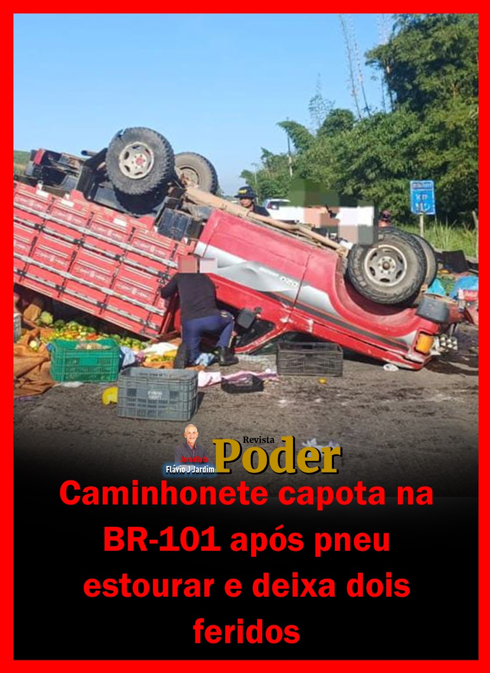 Caminhonete capota na BR-101 após pneu estourar e deixa dois feridos