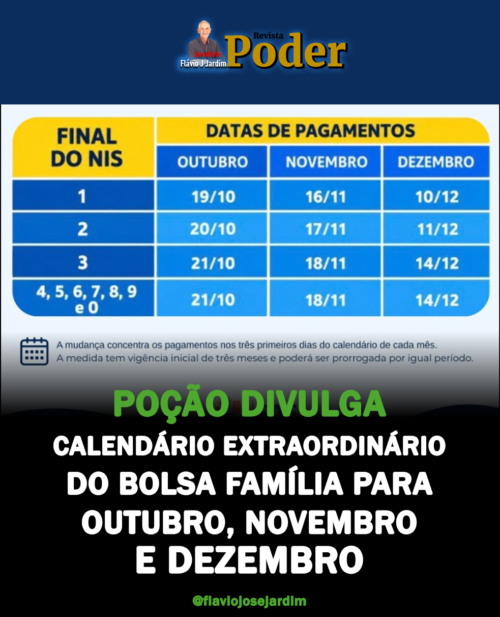 POÇÃO DIVULGA CALENDÁRIO EXTRAORDINÁRIO DO BOLSA FAMÍLIA PARA OUTUBRO, NOVEMBRO E DEZEMBRO